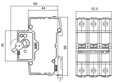 Габаритные размеры трехполюсного выключателя АВВ basic M 