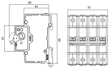Габаритные размеры четырехполюсного выключателя АВВ basic M 