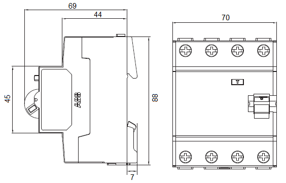 Размеры дифференциального реле на 4 модуля АВВ basic M